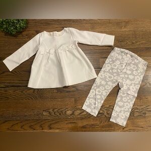 First Impressions Cream Dress & Gray Floral Leggings Set Sz 18mo